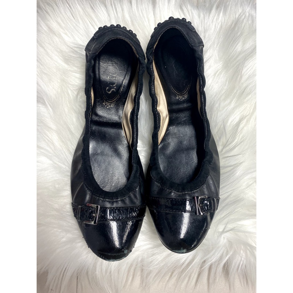 TODS Ballerina Dee Fibbietta Buckle Ballet Flat Black Patent Cap Toe Women's 8.5